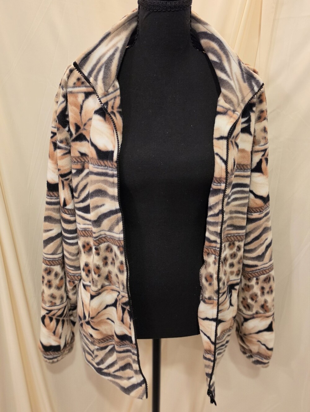 Vintage Karen Scott Large Animal Print Full Zip Fleece Jacket Zebra Leopard